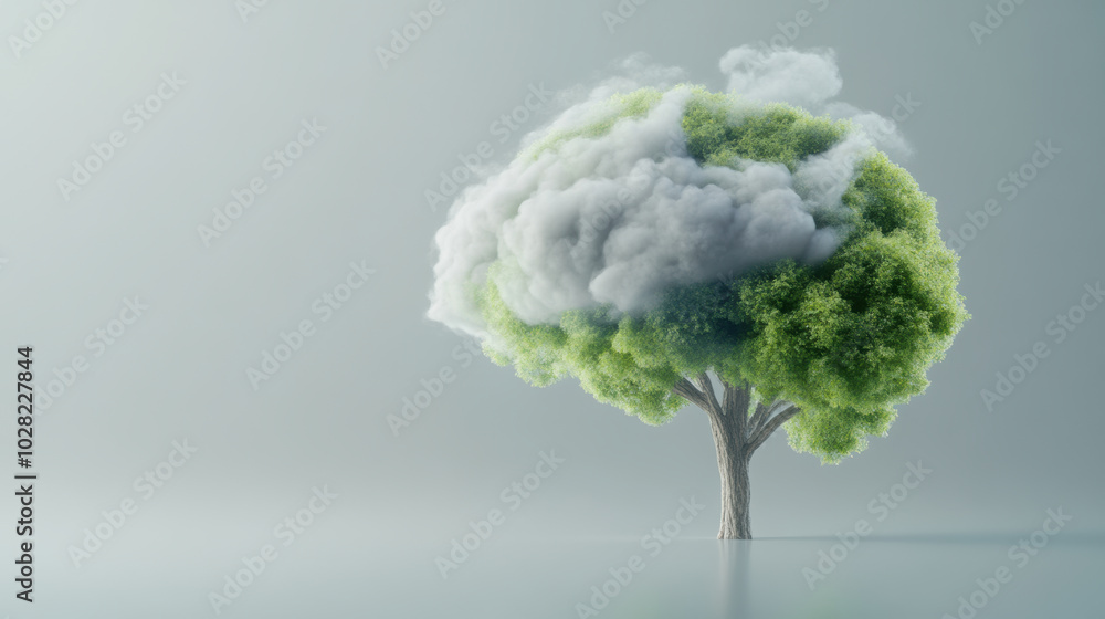 Poster surreal tree with lush green foliage transforms into clouds, creating dreamlike atmosphere. this uni