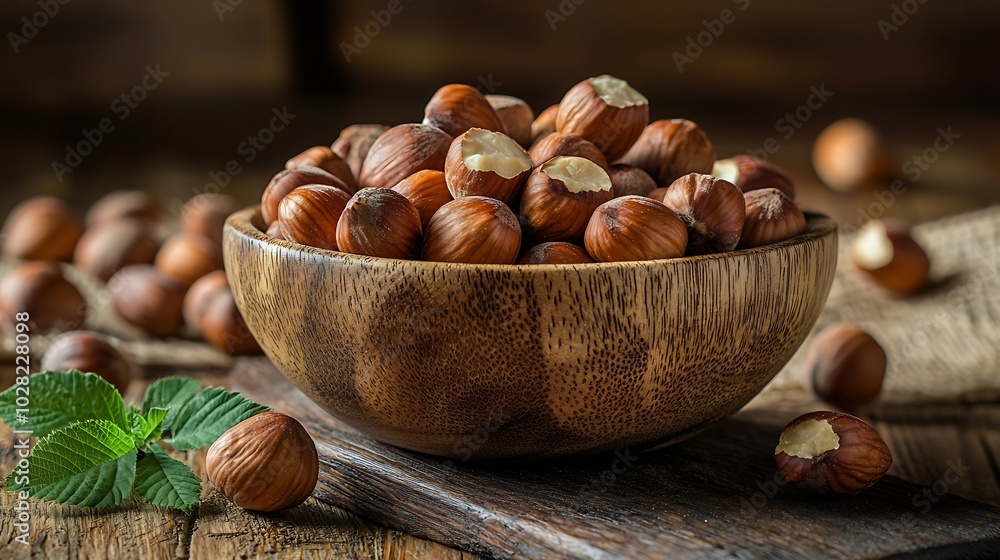 Aufkleber hazelnuts in a wooden bowl on a wooden background copy space : generative ai