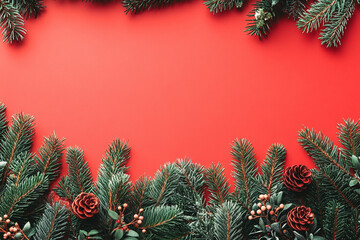 Christmas decoration border with fir branches on red background.