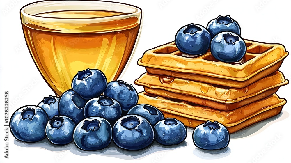 Poster fresh waffles with blueberries and honey on a white background close up : generative ai
