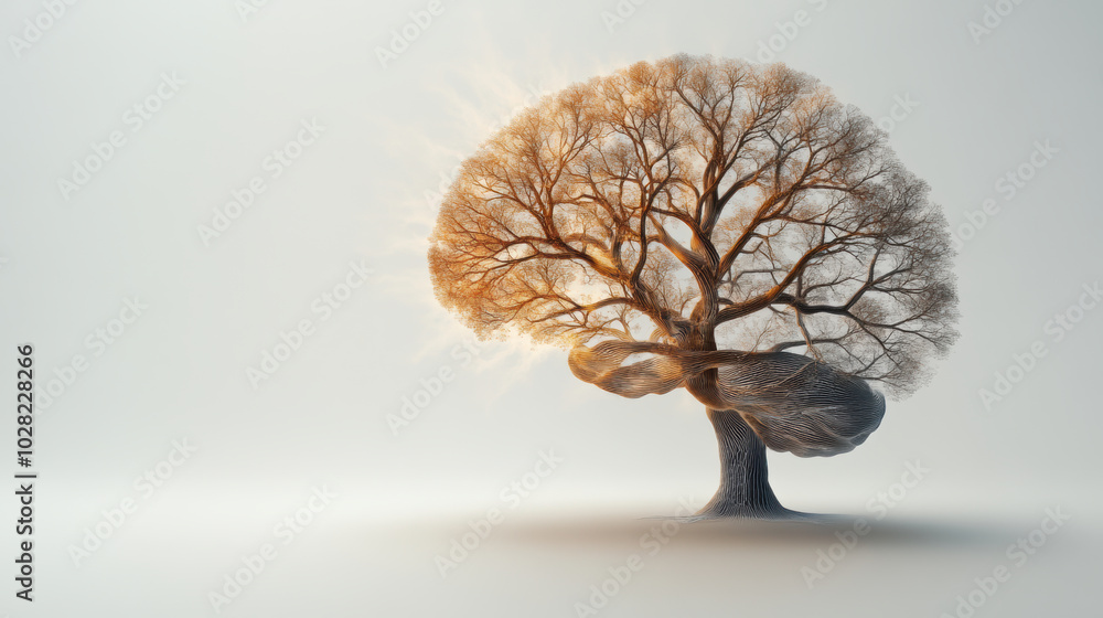 Poster surreal tree with intricate branches resembling brain, symbolizing growth and creativity. soft light