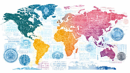 World Map with Stamps and Textured Background.
