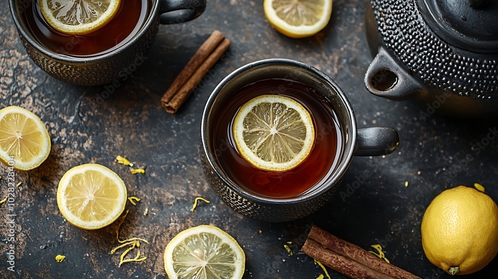 Aufkleber ginger and lemon tea in black cups tea pot grey dark background copy space top view : generative ai