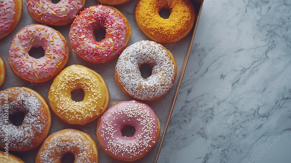 Poster Assortment of donuts in a box on marble table background Top view : Generative AI