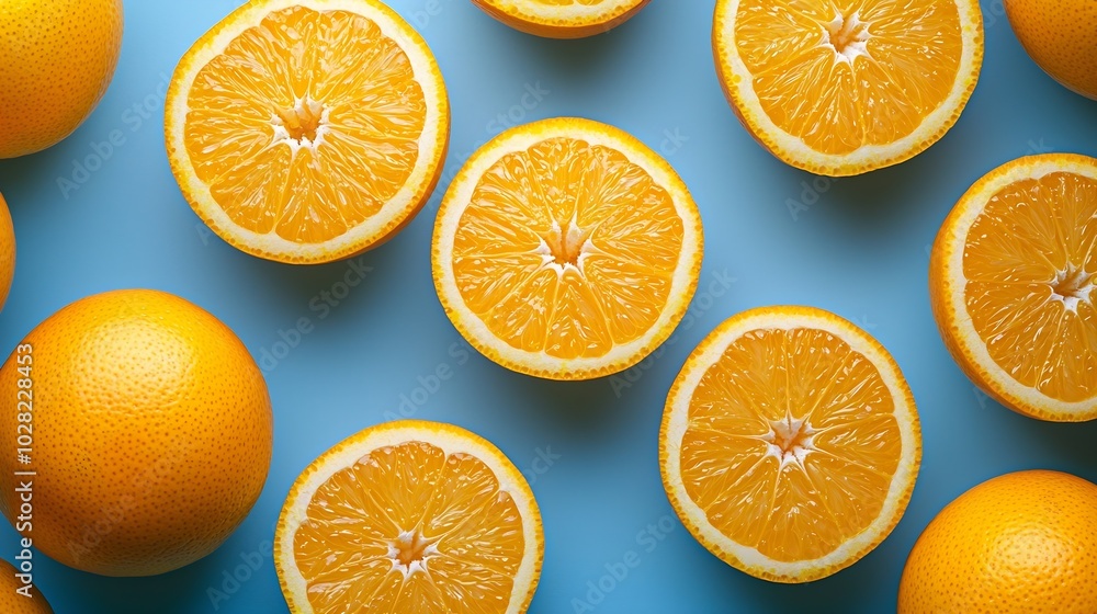 Poster fresh oranges on blue background top view : generative ai