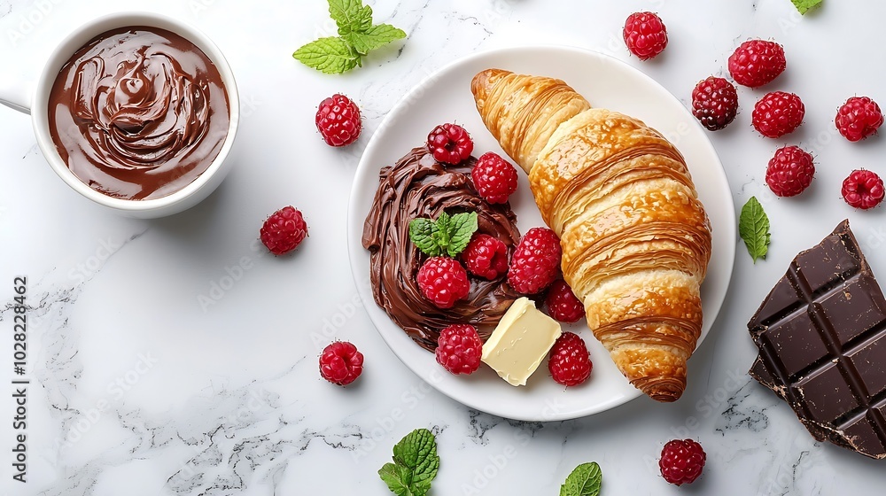 Poster croissant with fresh berries chocolate spread and butter with cup of coffee on a marble background t