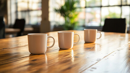 clean conference room table adorned with neatly arranged coffee cups symbolizes collaboration, productivity, and the energizing spirit of teamwork during meetings and brainstorming sessions