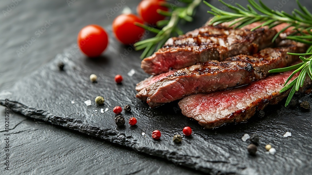 Poster Grilled sliced beef steak on slate stone table Top view : Generative AI