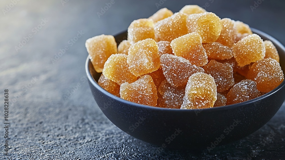 Poster candied ginger in black bowl on dark stone background close up copy space : generative ai