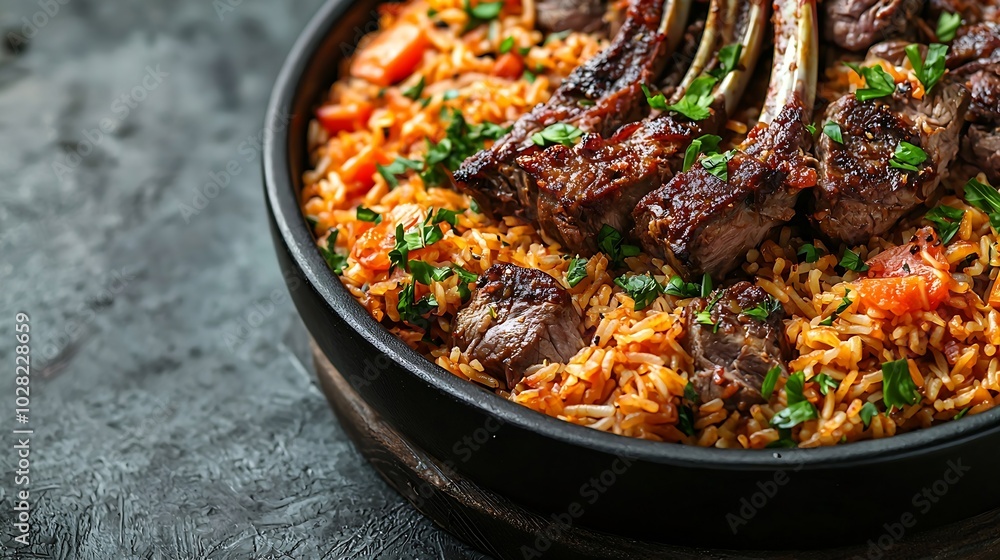 Poster traditional pilaf plov with rack of lamb grey background close up copy space : generative ai