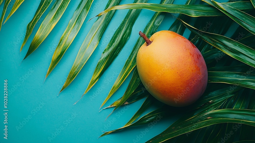 Aufkleber fresh mango organic product on a palm leaf blue background copy space top view : generative ai