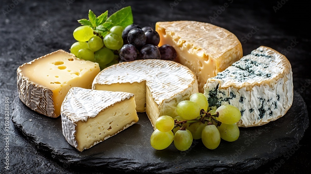 Aufkleber Assorted cheese with grape on a stone and slate background Copy space : Generative AI