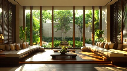 Fototapeta premium A serene indoor lounge area with large windows overlooking a lush garden.