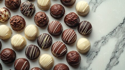 Assortment of fine chocolate candies white dark and milk chocolate Marble background Copy space Top...