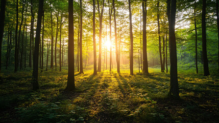 Obraz premium A serene forest landscape during sunrise, with soft light illuminating the trees.