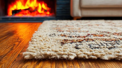 Fototapeta premium Cozy Living Room with Fireplace and Area Rug Warm and Inviting Home Decor