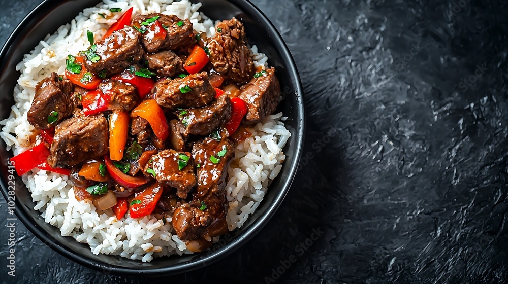Poster beef and vegetables stir fry with white rice in a black bowl grey background top view : generative a