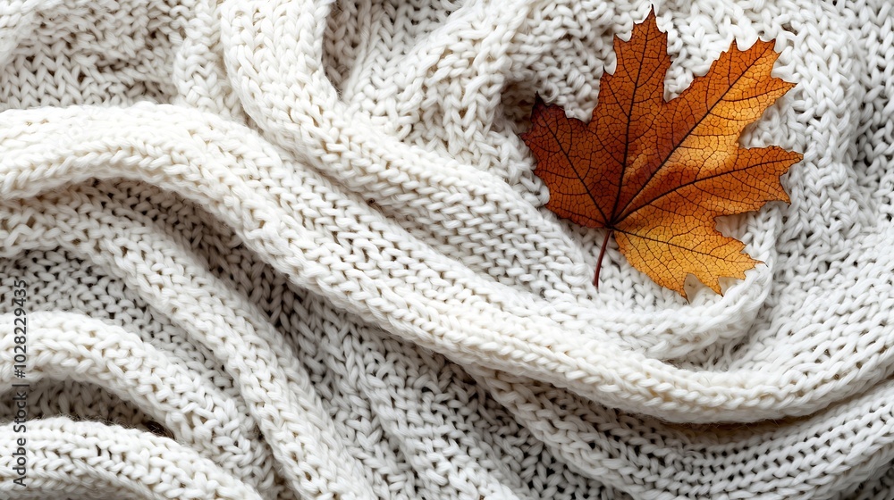 Leinwandbilder knitted white scarf pattern background with autumn maple leaf close up top view : generative ai