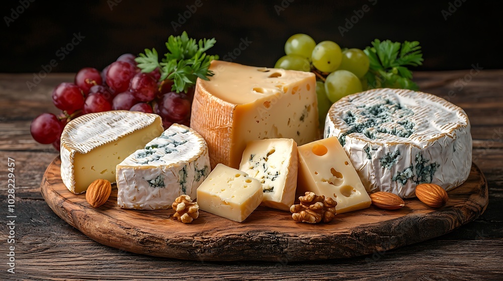 Aufkleber Assortment of cheese with honey nuts and grape on a rustic cutting board wooden background Copy space : Generative AI