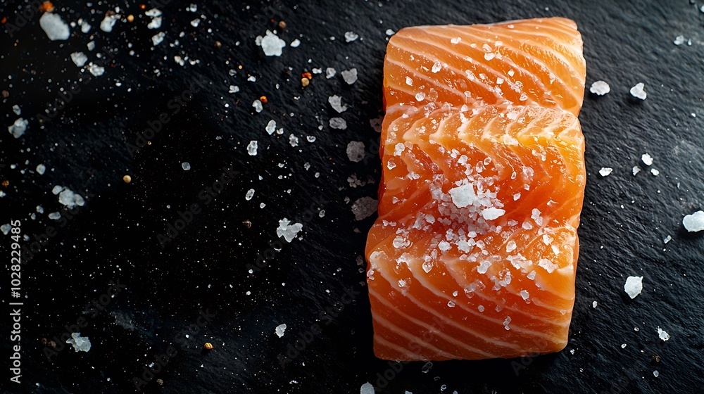 Poster salmon fillet with sea salt on slate dark background close up top view : generative ai