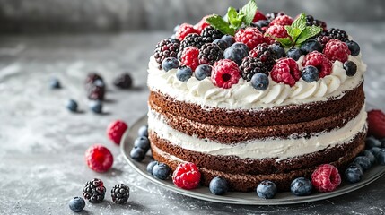 Chocolate cake with whipped cream and fresh berries Grey stone background : Generative AI
