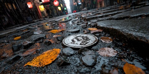 Wet Cobblestone Street with Autumn Leaves and Manhole Cover