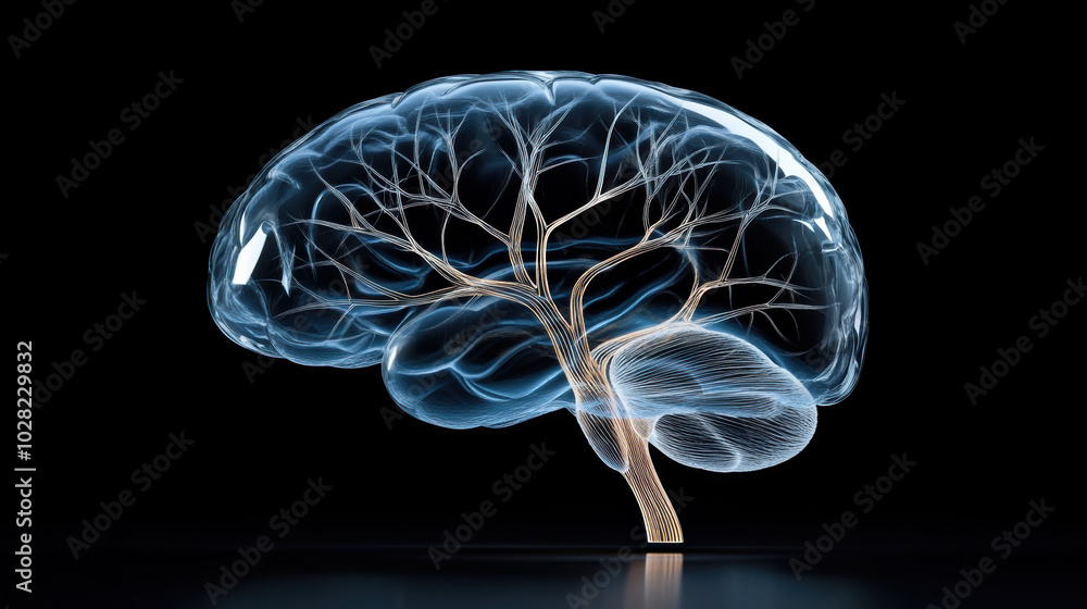 Poster delicate glass like brain with fragile tree branches symbolizes intricate connections of thought and