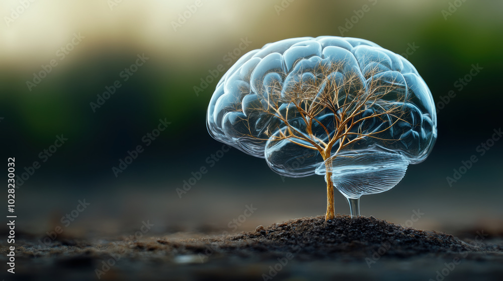 Poster delicate glass like brain with fragile tree branches emerges from ground, symbolizing connection bet