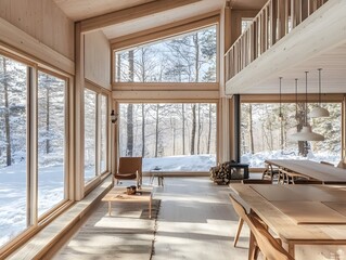 A minimalist Scandinavian-style cabin interior with clean lines, natural wood elements, and large windows overlooking a snowy forest 
