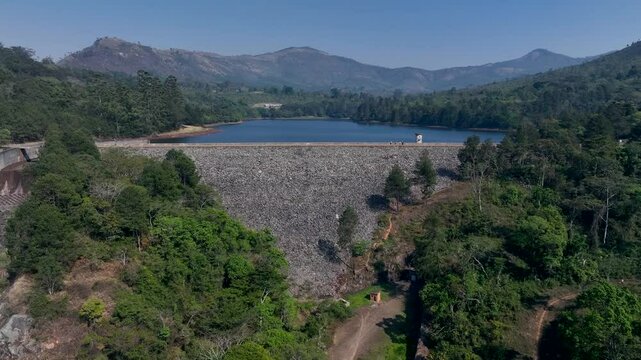 Aerial approaching view of Mulunguzi Dam in Zomba city, Malawi.