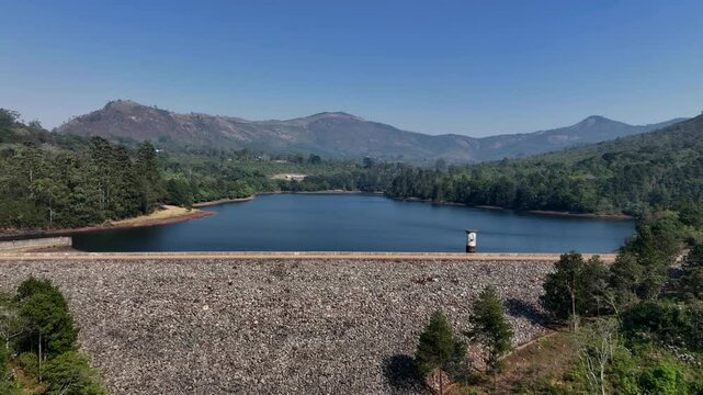Approaching drone view of Mulunguzi Dam in Zomba city, Malawi.