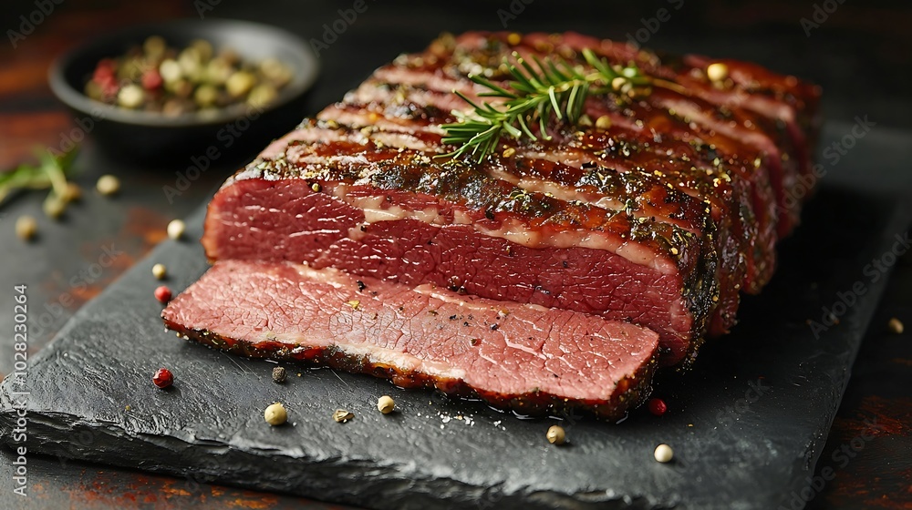 Poster roasted beef pastrami on slate cutting board top view : generative ai