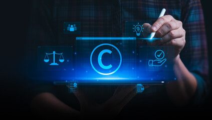 Fototapeta premium Digital Copyright and Intellectual Property Protection Interface Featuring Legal Compliance Icons, Symbolizing Content Security, Authorization, and Rights Management