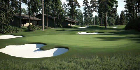Fototapeta premium Green Golf Course with Sand Traps and Cabins in the Woods