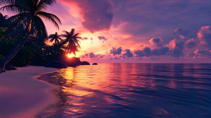 A serene tropical beach at sunset, with crystal-clear waters reflecting the fiery colors of the sky, and bioluminescent plants along the shore 
