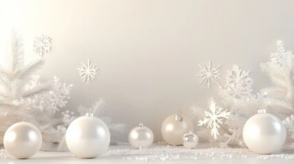 Elegant white christmas background with ornaments and snowflakes for festive holiday designs
