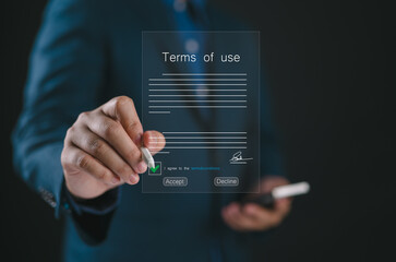 Terms of use business concept. Businessman Sign and Terms of use and reading terms and conditions...