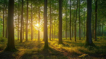 Fototapeta premium A serene forest at dusk, with soft light filtering through the trees.