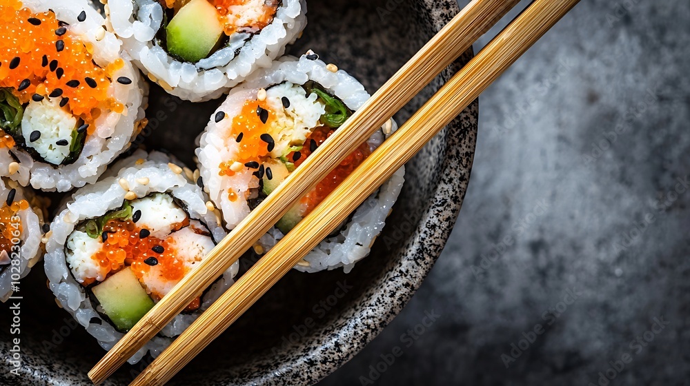 Poster sushi roll bamboo mat with chopsticks grey background top view copy space : generative ai