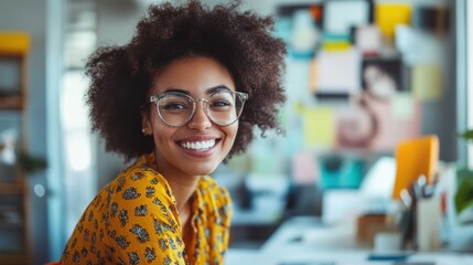 Cheerful female designer smiles at the camera sitting in her stylish and lively workspace. A creative environment filled with sketches and design tools.