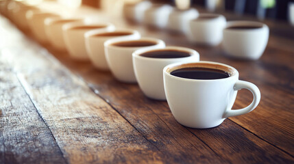clean conference room table adorned with neatly arranged coffee cups symbolizes collaboration, productivity, and the energizing spirit of teamwork during meetings and brainstorming sessions
