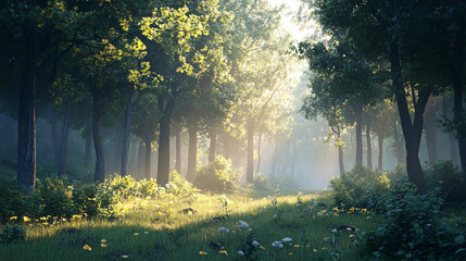 A serene forest at dusk, with soft light filtering through the trees.