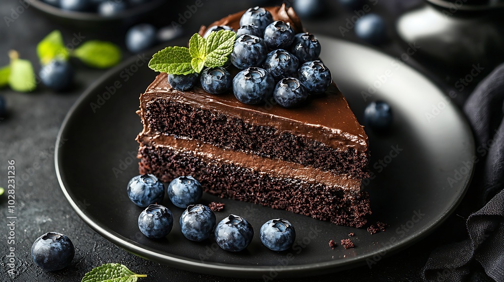 Poster chocolate cake slice on a plate with blueberries grey background : generative ai
