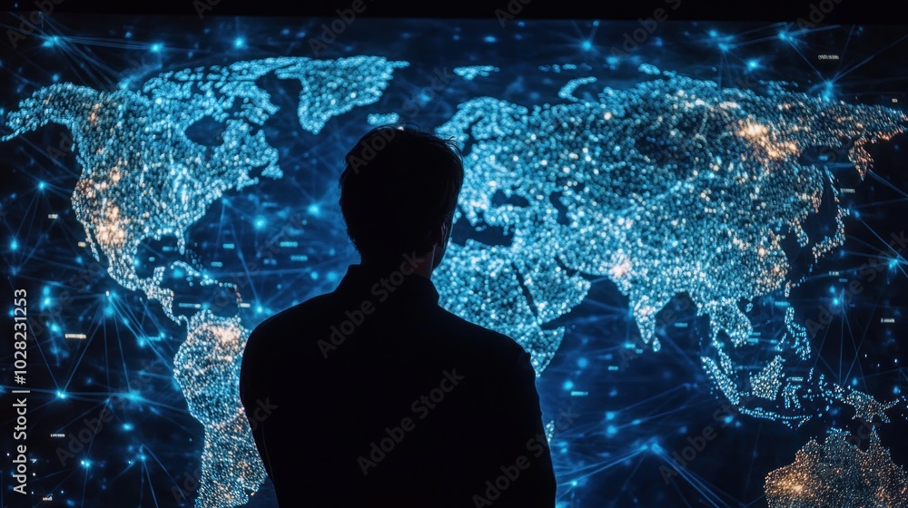 Poster a person observes a digital map of the world filled with interconnected data points.