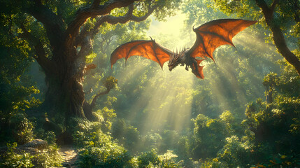 Dragon Soaring Through Sunlit Forest Illustration