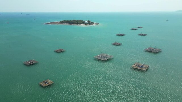 Traditional Fishing Huts In The Waters Off Umang Island In Banten West Java Indonesia 4K 60FPS