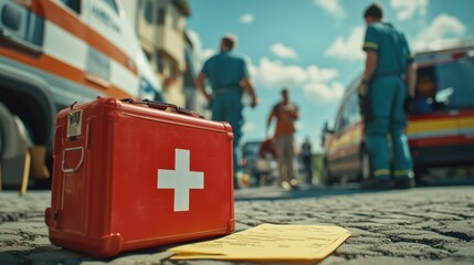First Aid Kit for Medical Rescue Services. Red first aid kit stands ready for use amid an emergency scene, highlighting the importance of medical services and preparedness in urgent situations.