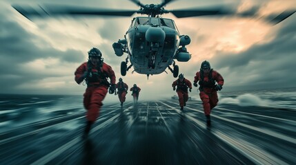 Obraz premium Emergency Medical Services in Action with Helicopter. Dynamic scene depicting an emergency medical services team rushing towards a helicopter during a dramatic maritime operation under stormy skies.