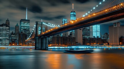 Fototapeta premium Nighttime cityscape featuring a bridge and skyline with illuminated buildings and water reflections.