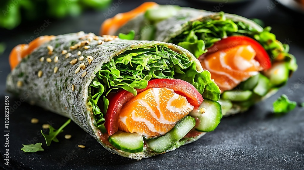 Aufkleber wrap sandwich roll with fish salmon and vegetables grey background top view : generative ai